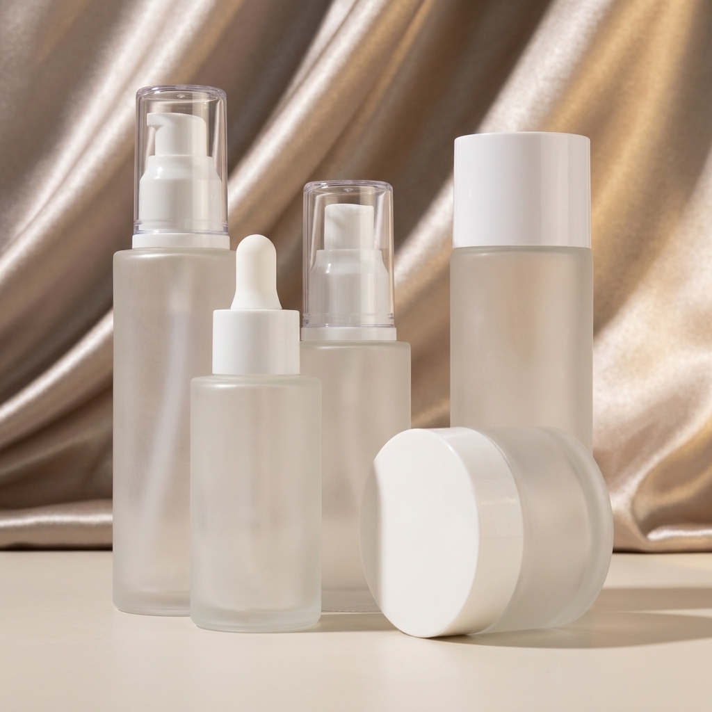Clear Frosted Cylinder Glass Skincare Packaging Set 30ml 50ml 100ml Dropper Serum Essential Oil Lotion Pump Sprayer Bottle