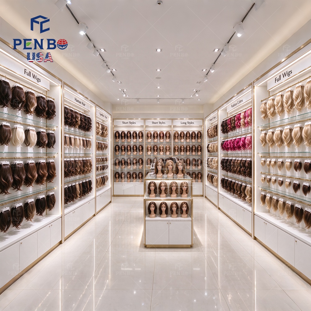 Custom Wig Store Design Display Cabinets Beauty Supply Store Retail Hair Salon Retail Fixtures With Led Lighting