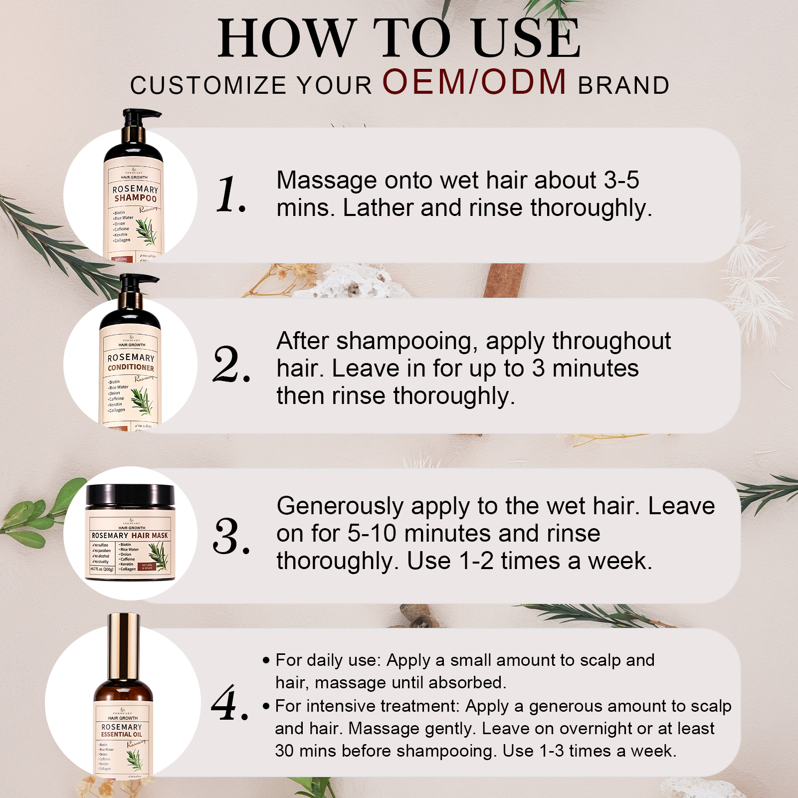 Stock Wholesale Rosemary Oil Shampoo Biotin Sulfate-free Organic Natural Vegan Hair Growth Shampoo and Conditioner Custom Logo