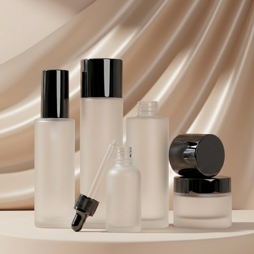 Clear Frosted Cylinder Glass Skincare Packaging Set 30ml 50ml 100ml Dropper Serum Essential Oil Lotion Pump Sprayer Bottle