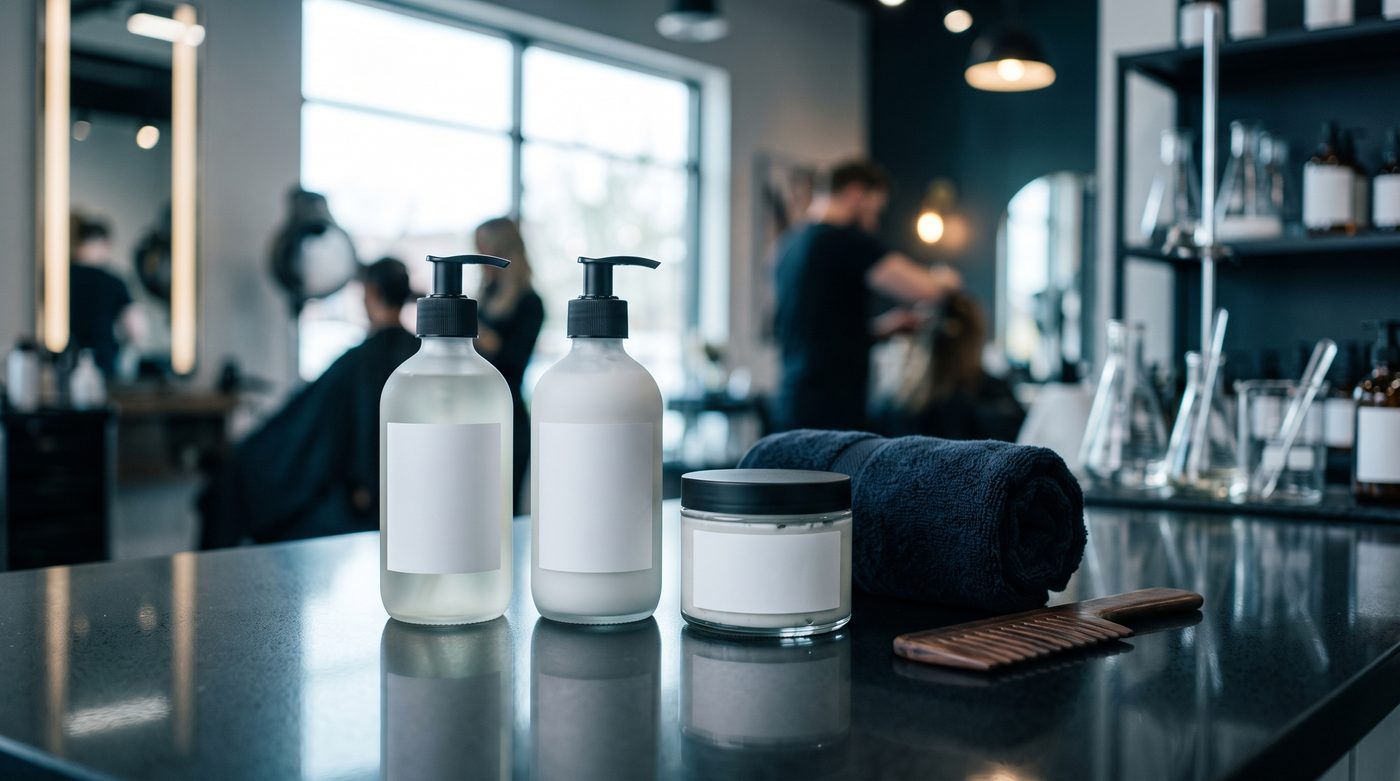 Cosmetic chemist formulating professional hair care treatments in laboratory