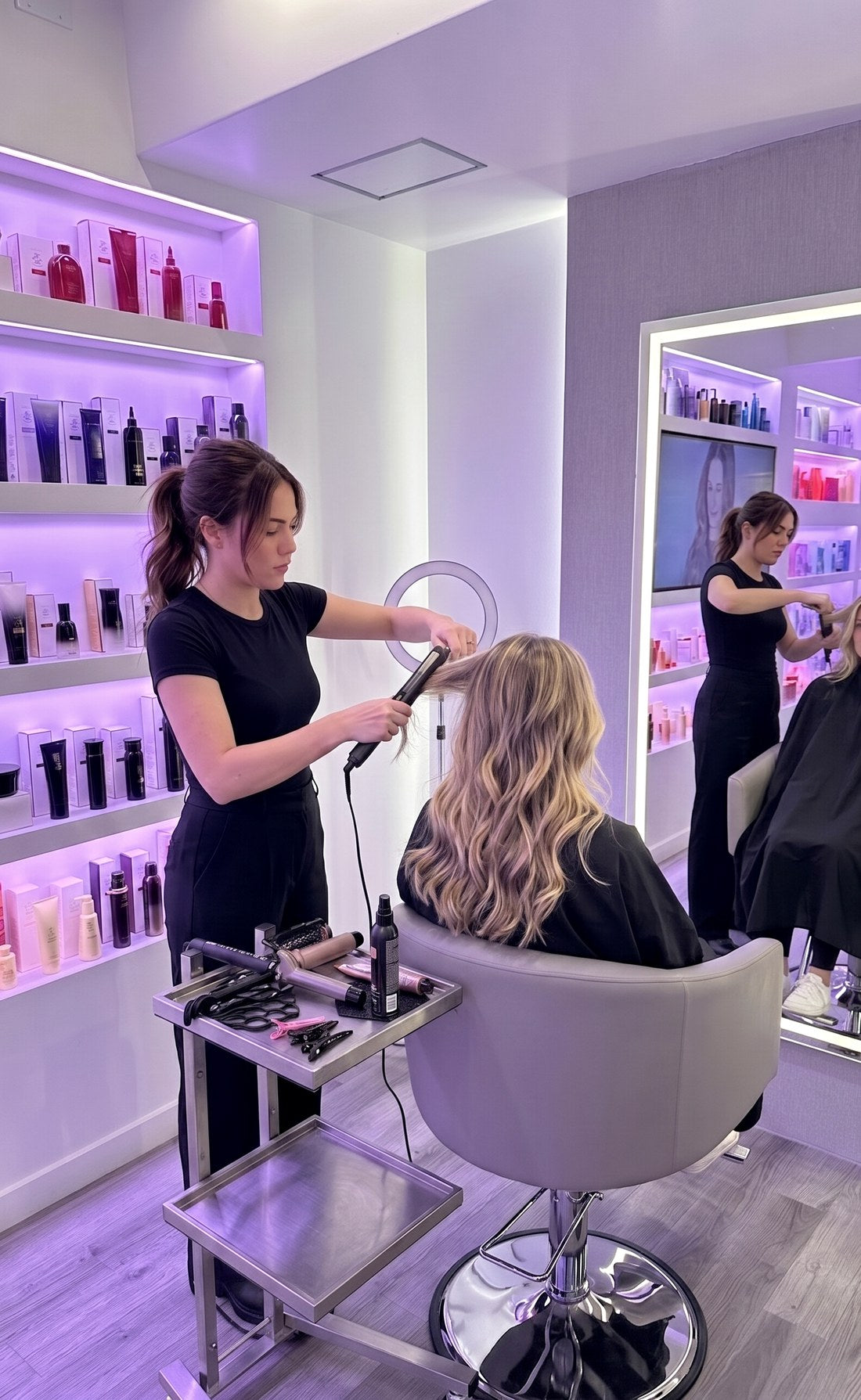 Licensed stylist conducting blind benchmark testing on haircare