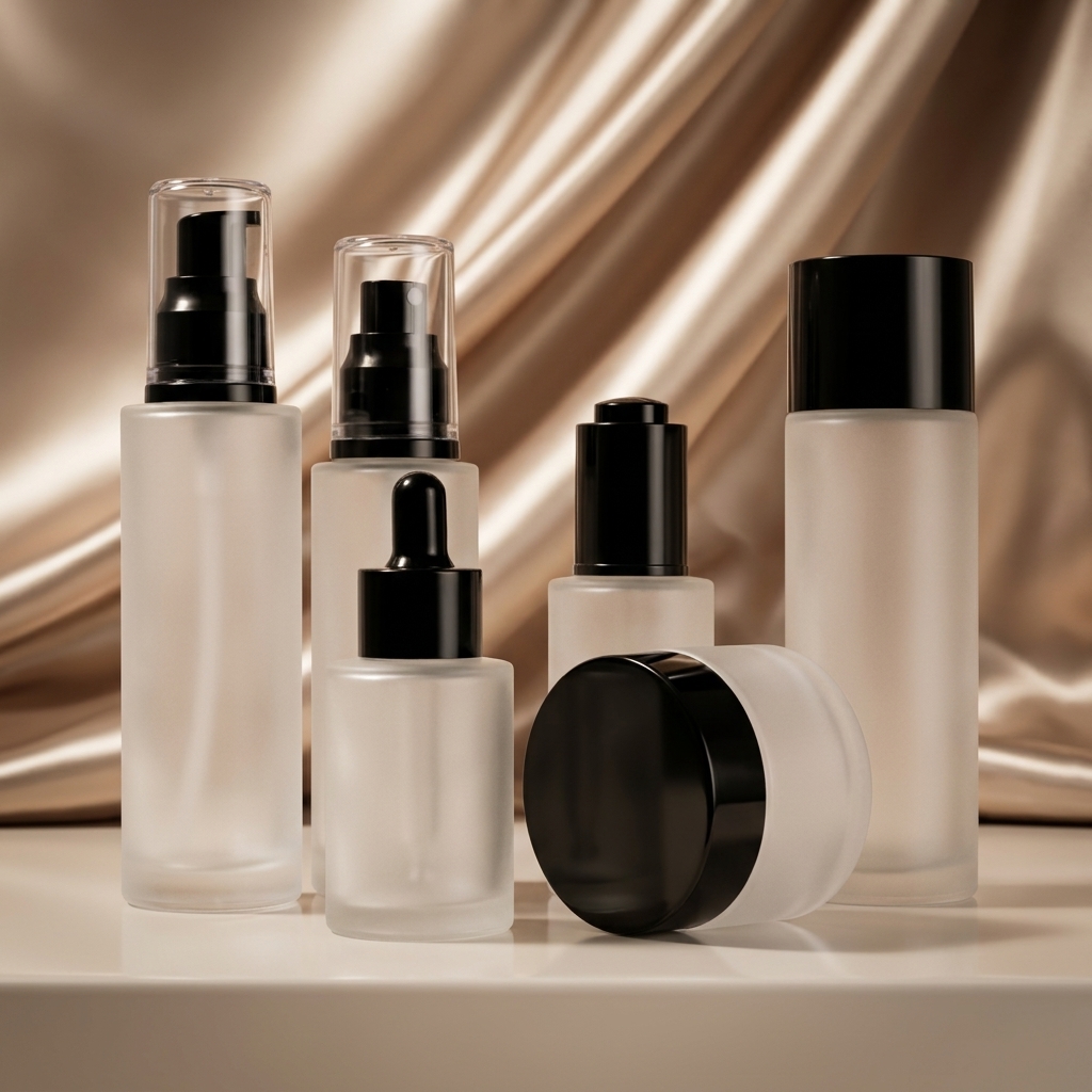 Clear Frosted Cylinder Glass Skincare Packaging Set 30ml 50ml 100ml Dropper Serum Essential Oil Lotion Pump Sprayer Bottle
