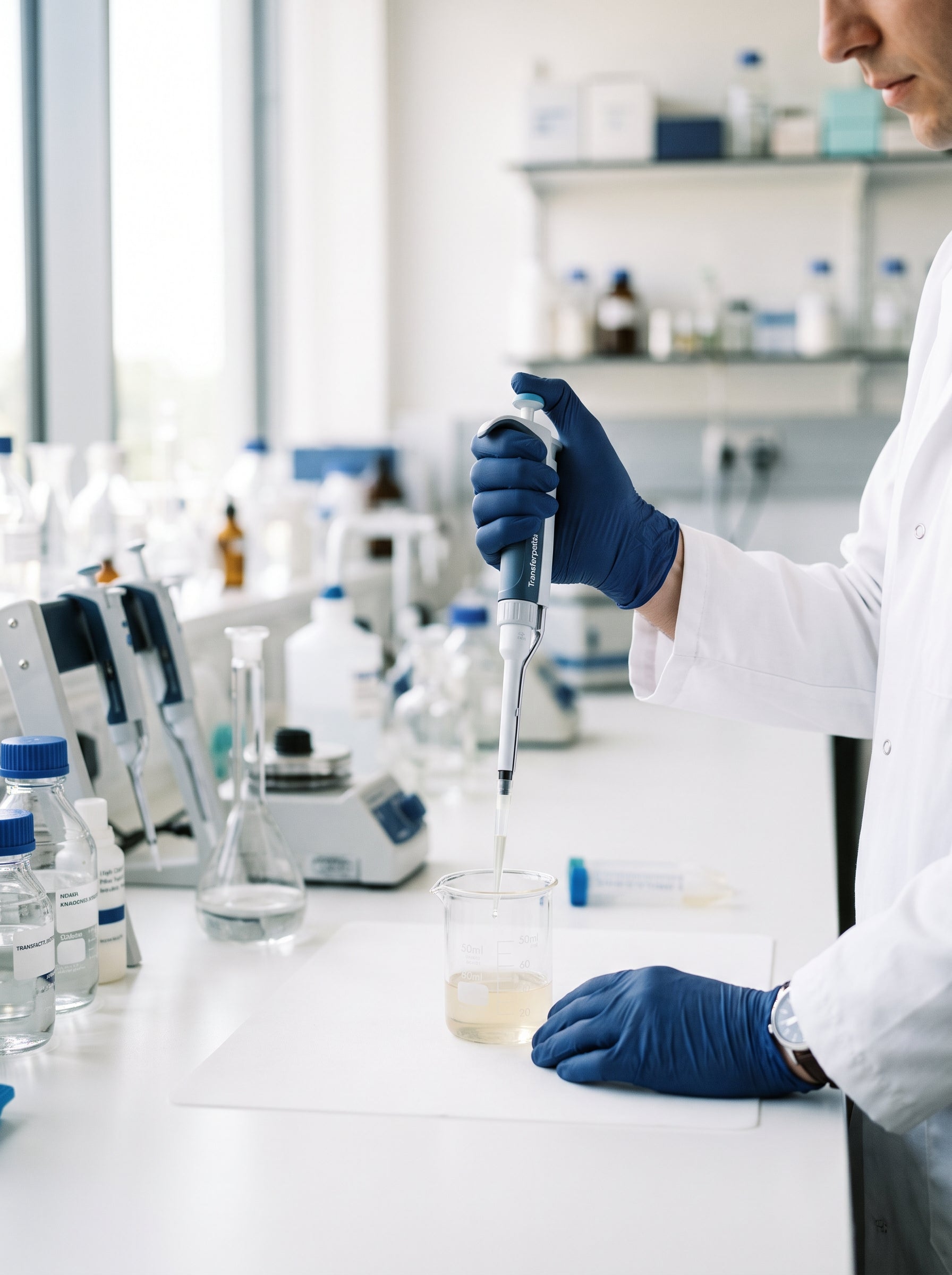 Formulation chemist analyzing clean beauty ingredients in the laboratory