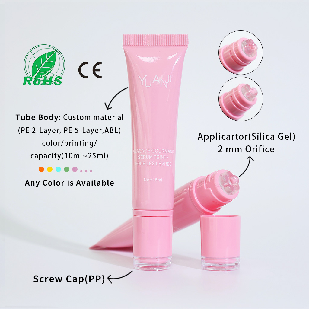 Hot Selling Valentine's Day Custom Pink 15ml Lip Balm Lipgloss PE Squeeze Tube Soft Silicone Applicator Food Grade Lipstick