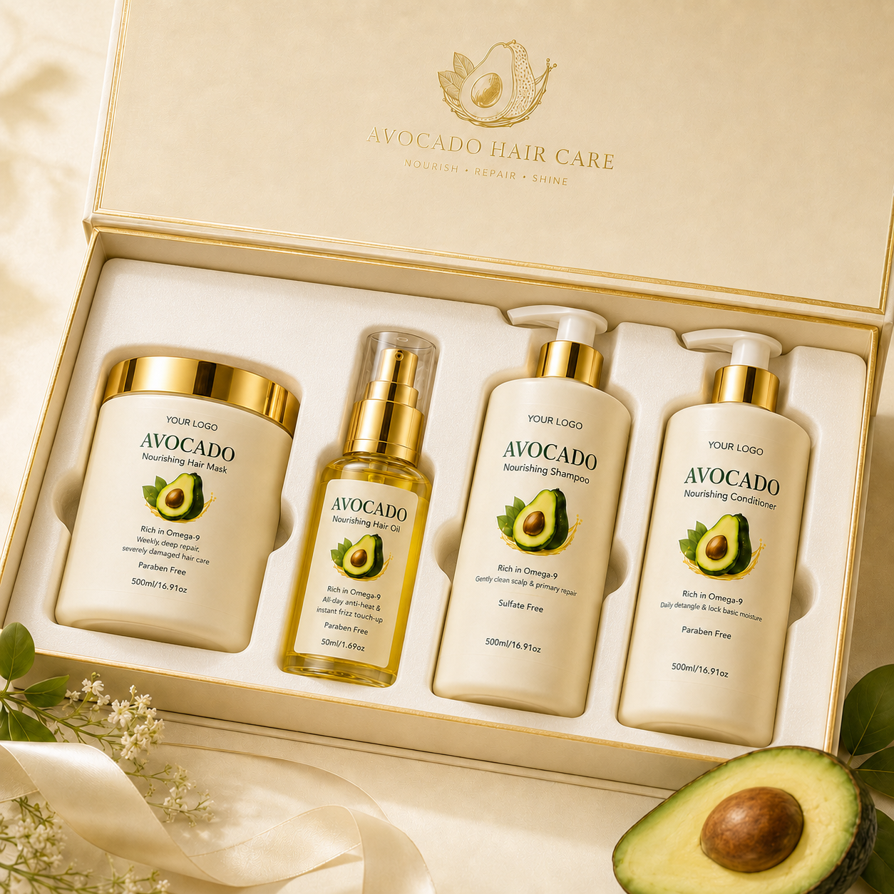 Private Label Avocado Hair Care Series OEM/ODM Custom Logo Natural Repair Shampoo Conditioner Hair Mask Set Manufacturer