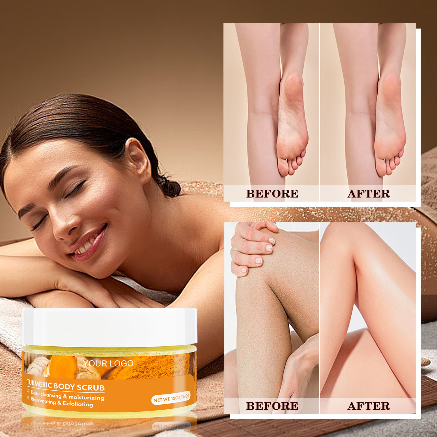 Custom Label Body Scrub Infused with Turmeric Natural Ingredients Private Label Whitening Exfoliating Product Factory Price
