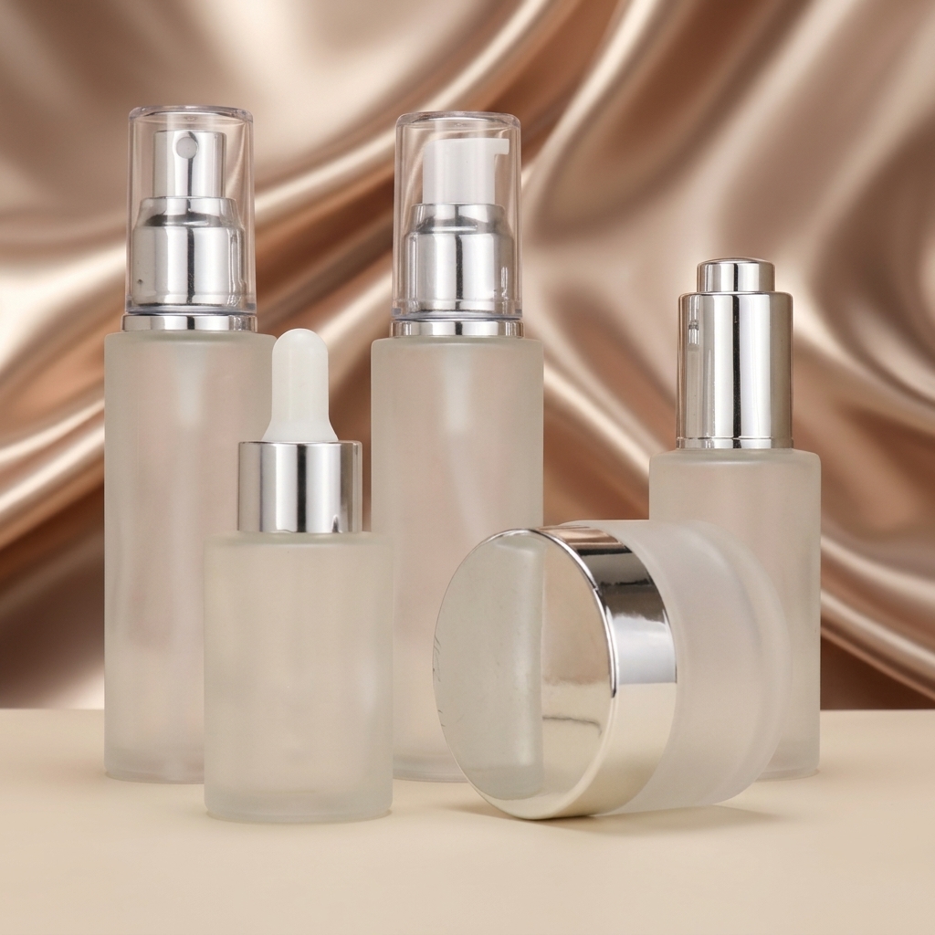 Clear Frosted Cylinder Glass Skincare Packaging Set 30ml 50ml 100ml Dropper Serum Essential Oil Lotion Pump Sprayer Bottle