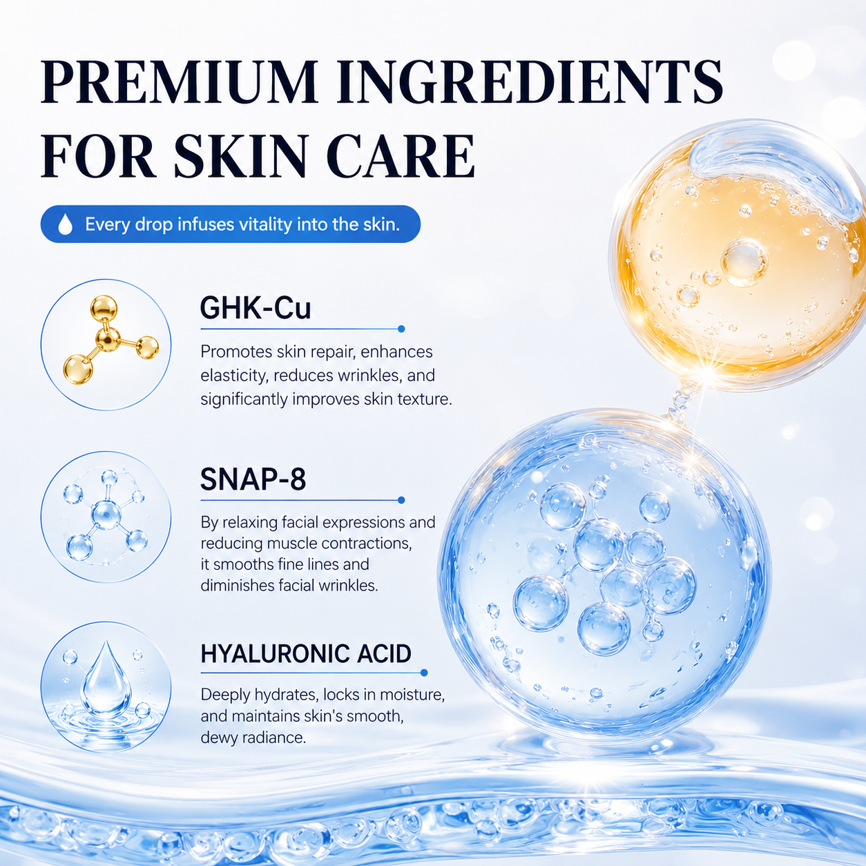 Private Label Advanced GHK-Cu Blue Copper Peptide SNAP-8 Face Serum with Hyaluronic Acid Collagen Boosting Firming Anti Aging
