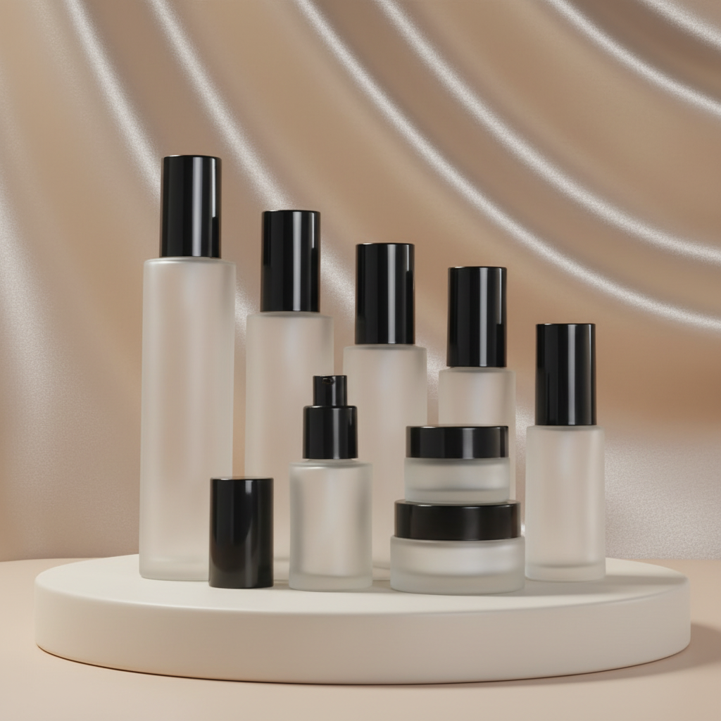 Clear Frosted Cylinder Glass Skincare Packaging Set 30ml 50ml 100ml Dropper Serum Essential Oil Lotion Pump Sprayer Bottle