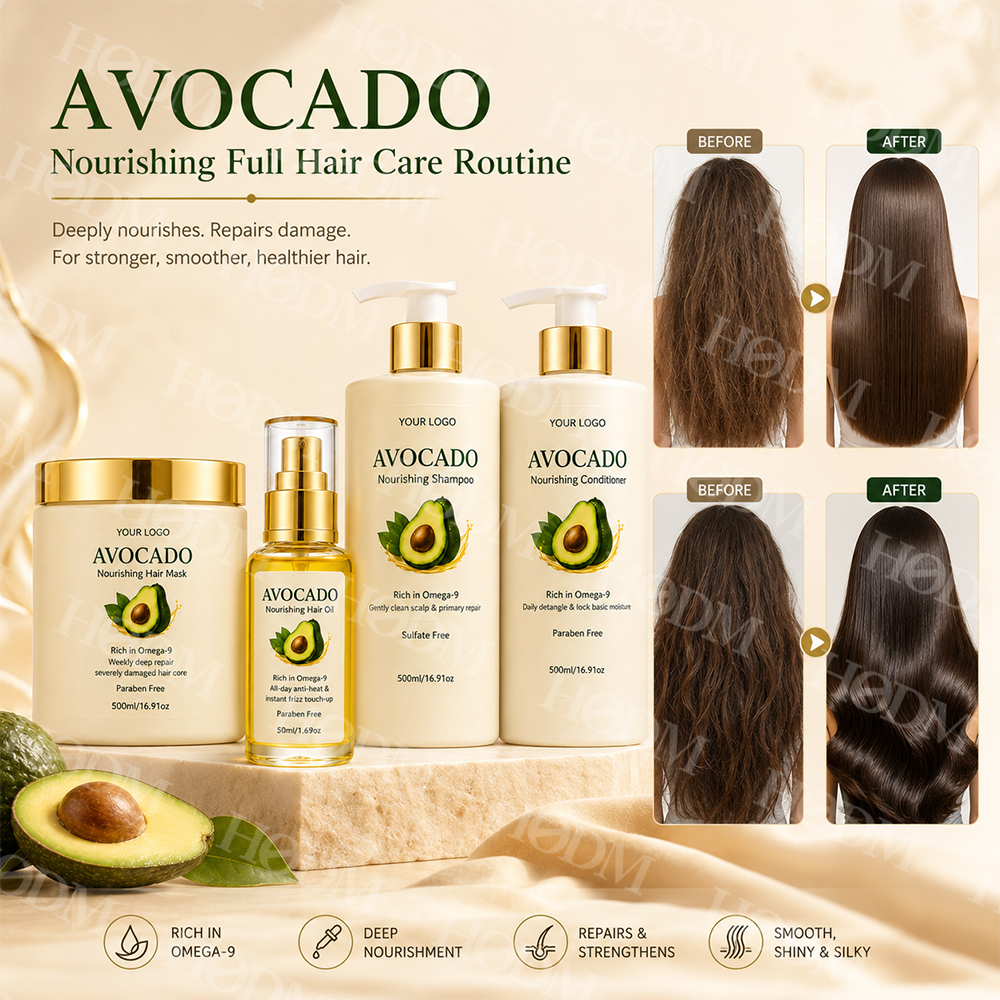 Private Label Avocado Hair Care Series OEM/ODM Custom Logo Natural Repair Shampoo Conditioner Hair Mask Set Manufacturer
